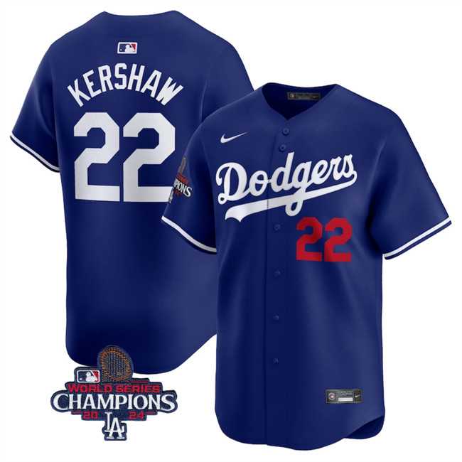 Mens Los Angeles Dodgers #22 Clayton Kershaw Royal 2024 World Series Champions Alternate Limited Stitched Baseball Jersey